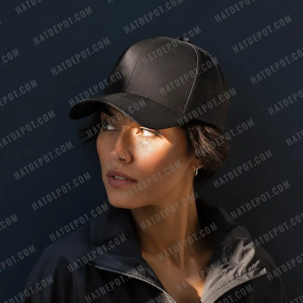 Close portrait of the black curved-brim trucker with a charcoal windbreaker in directional light