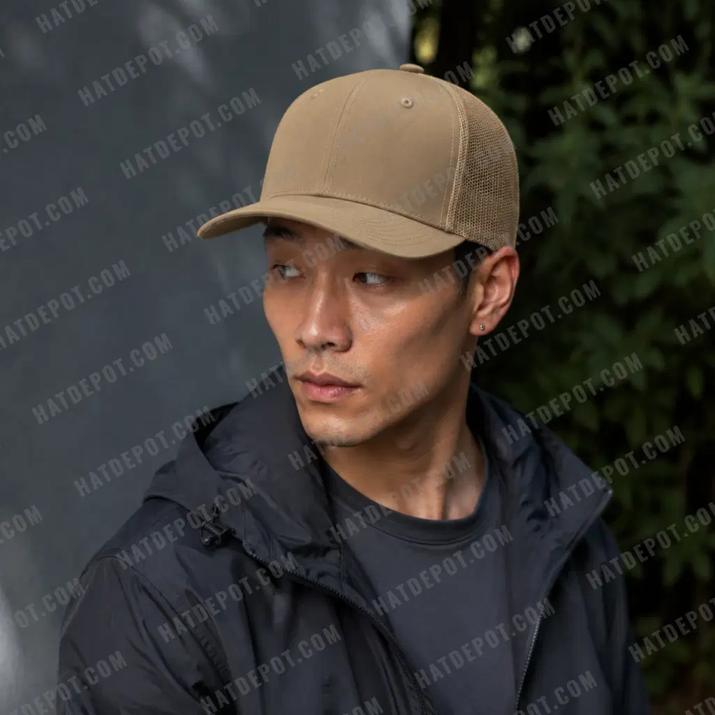 Khaki curved-brim trucker worn with a charcoal jacket in cool garden shade