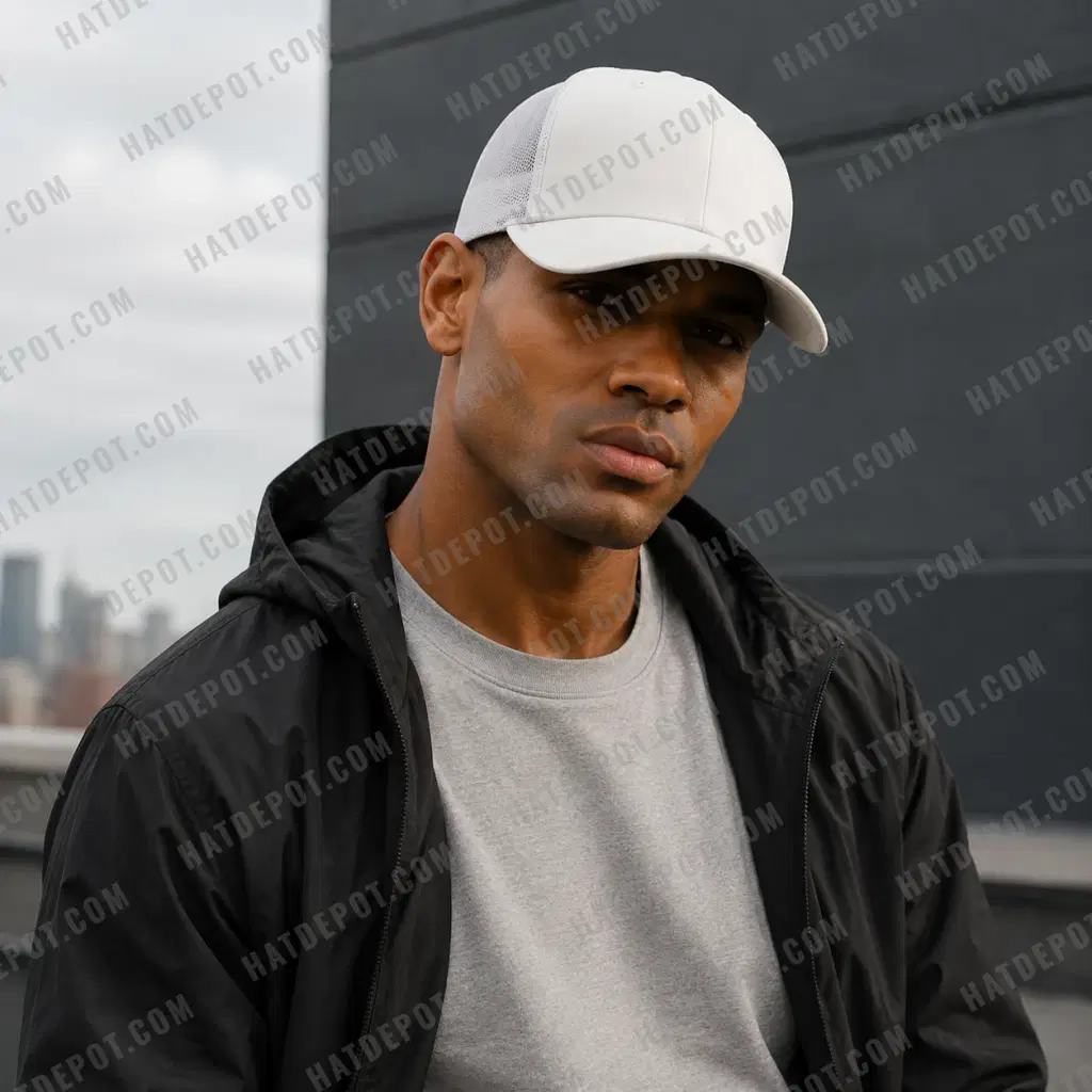White curved-brim trucker worn with a gray tee and black windbreaker in soft rooftop light