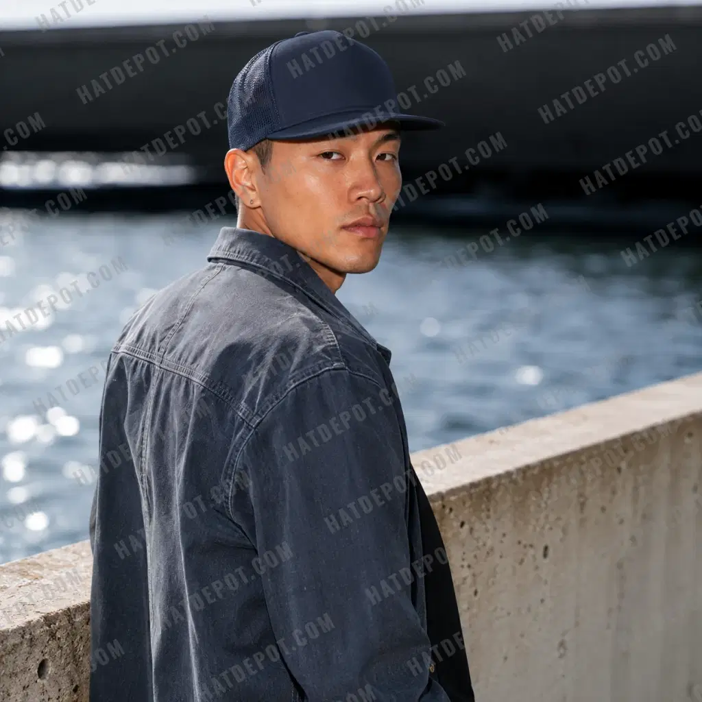 Navy flat-brim trucker worn with a chalk denim jacket beside silver waterfront reflections