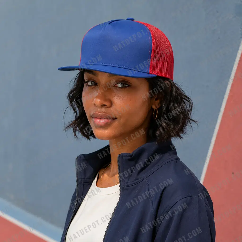Royal blue and red flat-brim trucker worn with an ivory tee and navy jacket by a sports-court wall