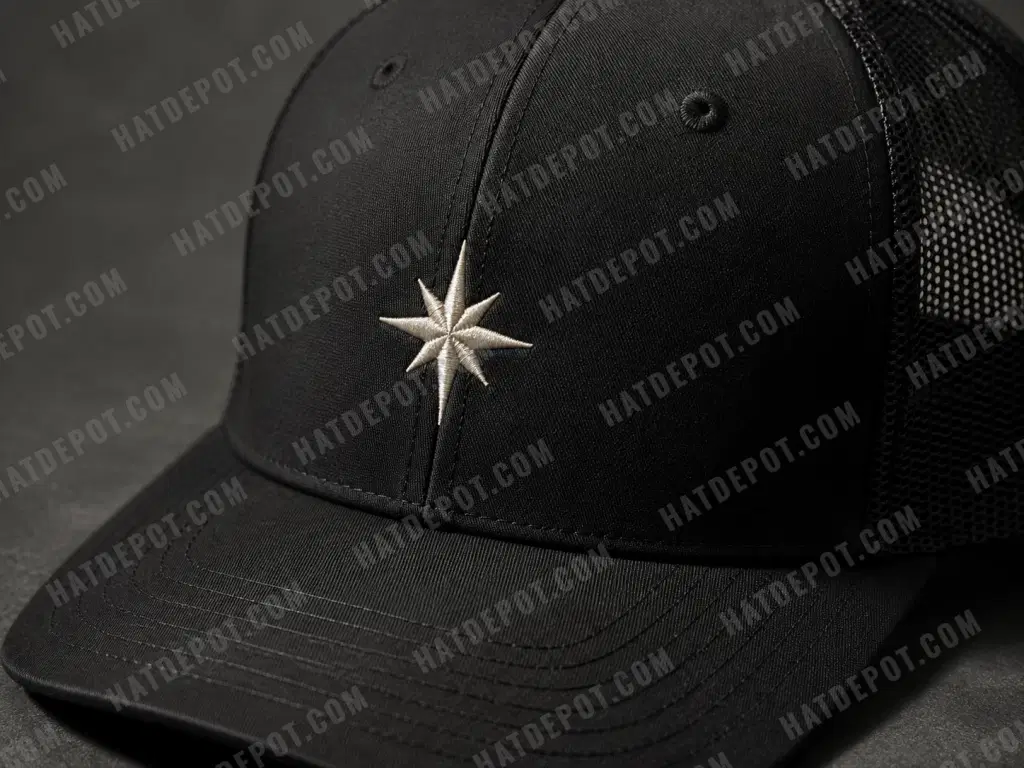 Ivory compass-star sample artwork embroidered directly onto the black curved-brim cap, with side light revealing the thread texture