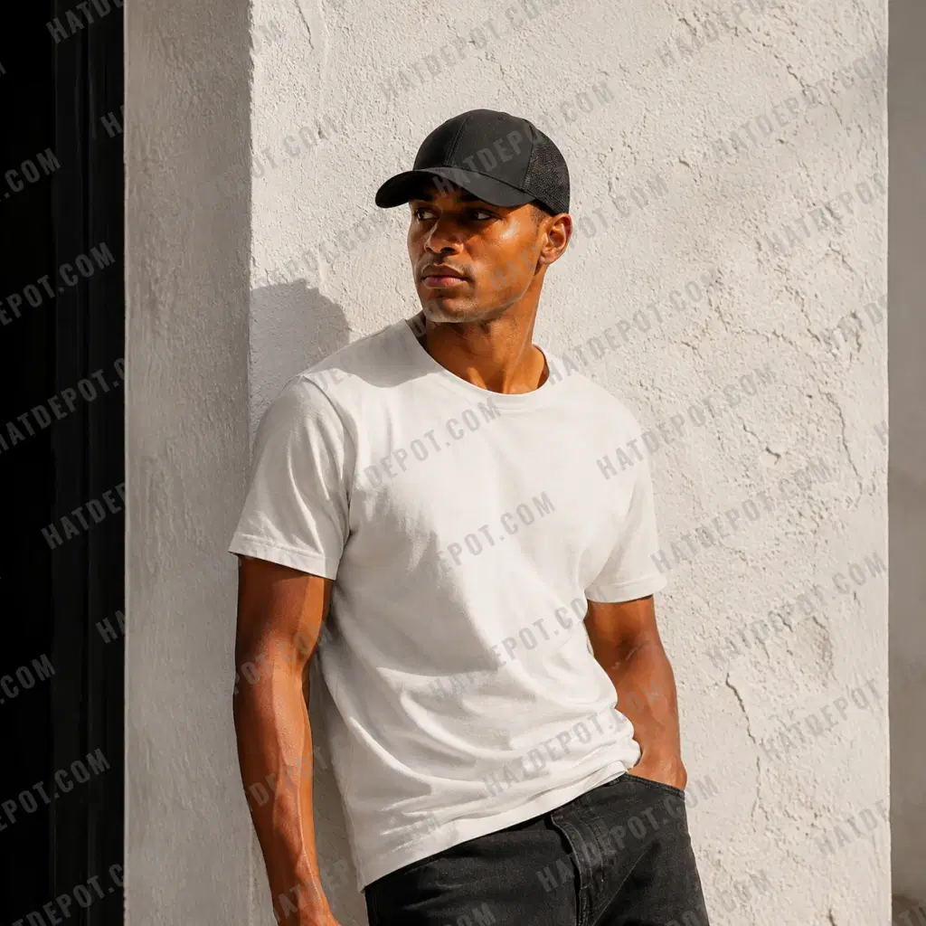 Black curved-brim trucker styled with a white tee against sunlit stucco