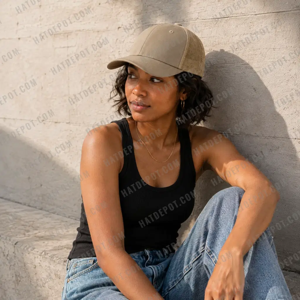 Khaki curved-brim trucker styled with a black tank on a sunny concrete bench