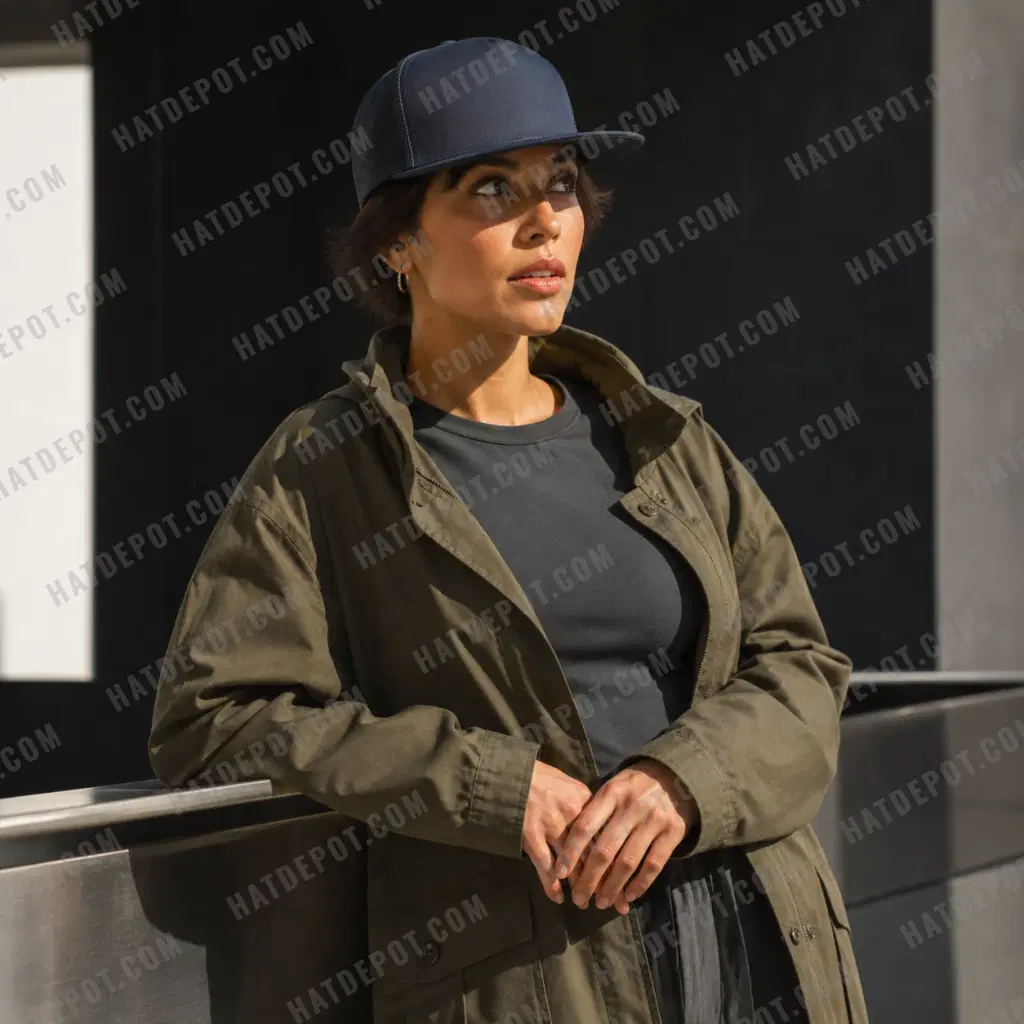 Navy flat-brim trucker worn with an olive field jacket beside a steel railing