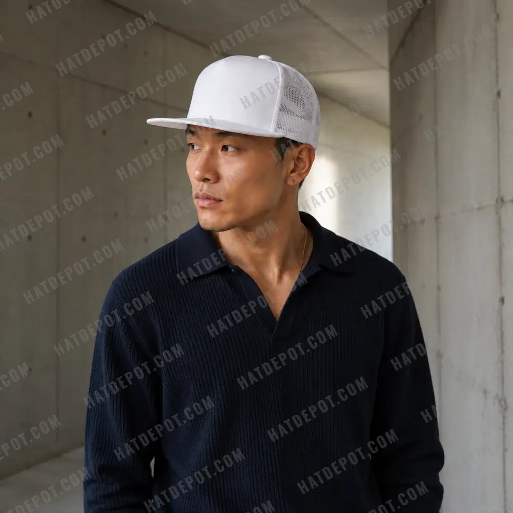 White flat-brim trucker worn with navy knitwear in a concrete gallery