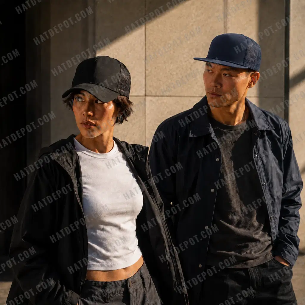 Two models in directional afternoon light, wearing the black curved-brim and navy flat-brim trucker caps