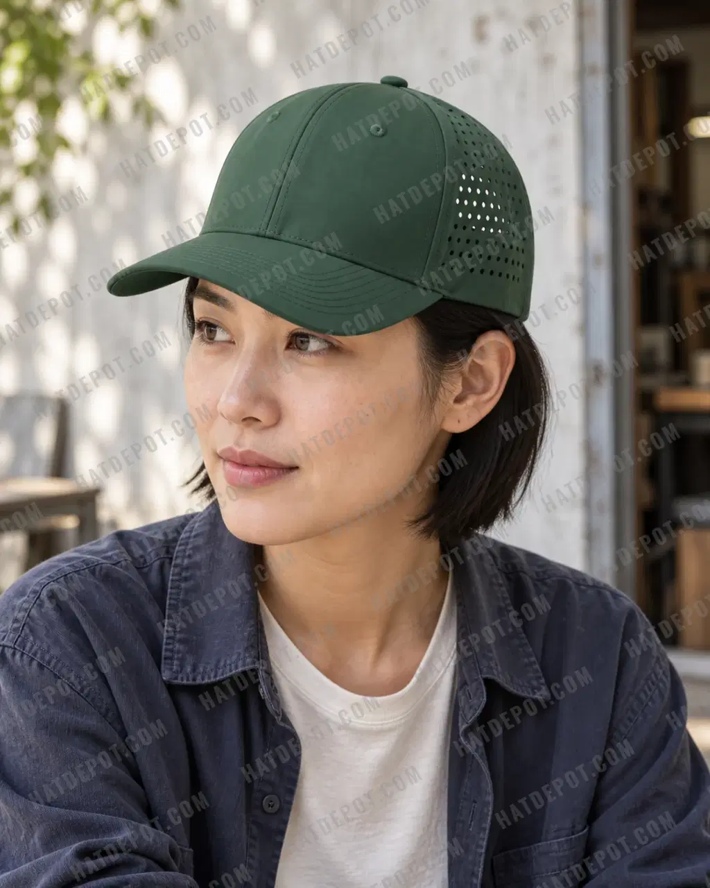 Daylight three-quarter portrait of a model in the forest green Classic Six-Panel Perforated Snapback, showing the centre seam, sewn front eyelets and laser-perforated side.
