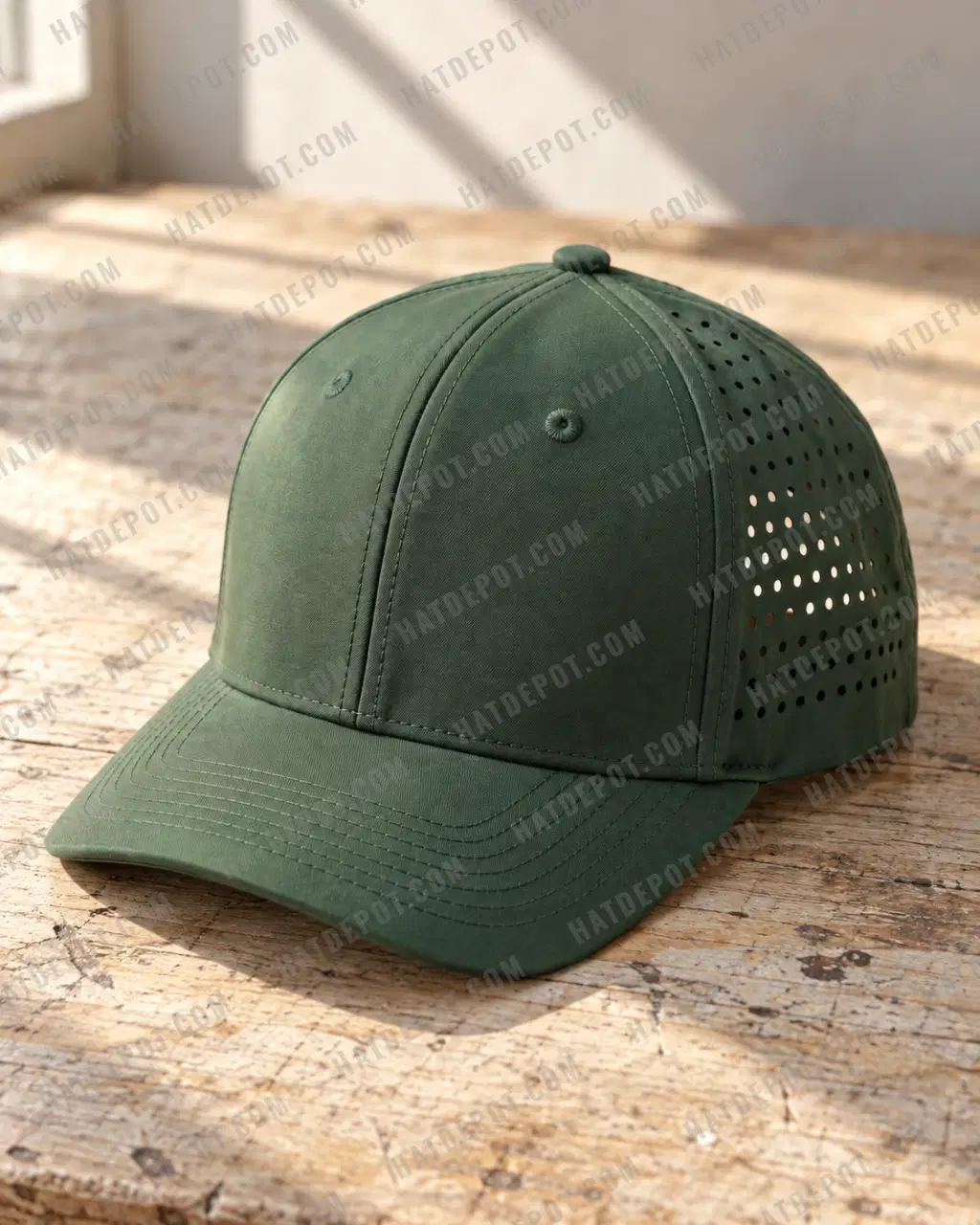 Forest green Classic Six-Panel Perforated Snapback on a wooden workbench, with raking window light revealing its centre seam, two front eyelets, curved brim and laser vents.