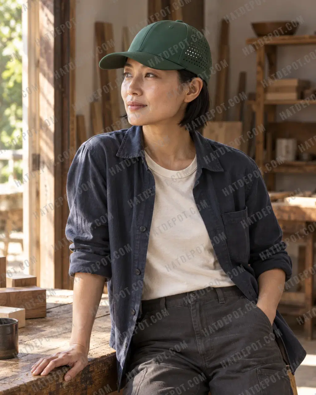 Model beside a sunlit workshop bench wearing the forest green Classic Six-Panel Perforated Snapback, with its front seam, eyelets and curved brim visible.