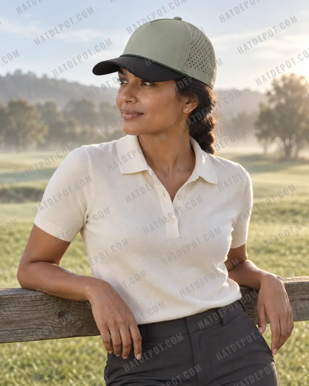 Model beside a morning fairway wearing the Sage / Black Curved-Brim Rope Snapback, with a seamless sage crown, black curved brim and dark braided rope.