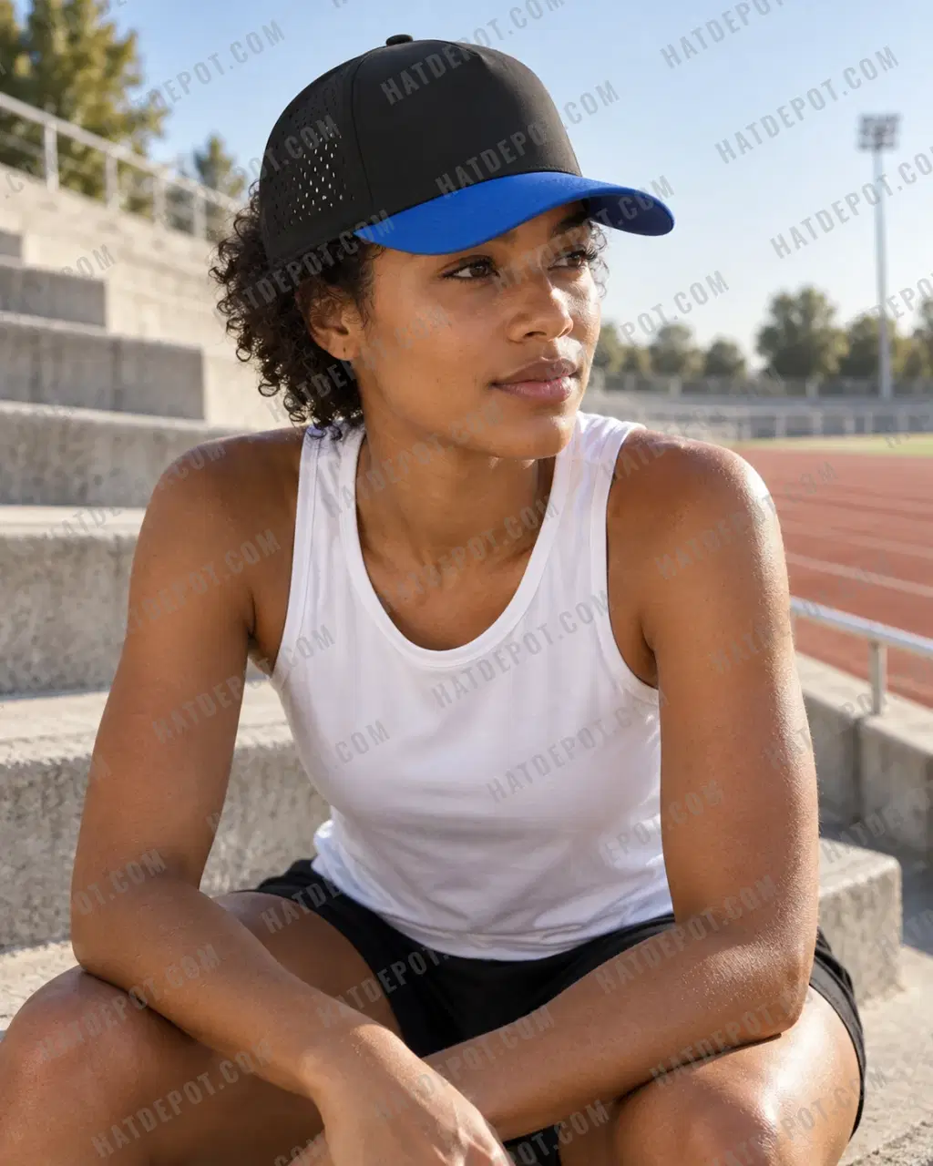 Model pausing on outdoor stadium steps in the Black / Royal Five-Panel Perforated Snapback, with a black crown and curved royal-blue brim.