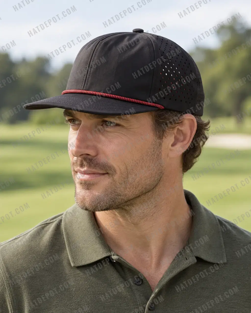 Daylight three-quarter view of a model in the Black / Red Flat-Brim Rope Snapback, showing its relaxed seamed crown, flat visor, braided rope and laser vents.