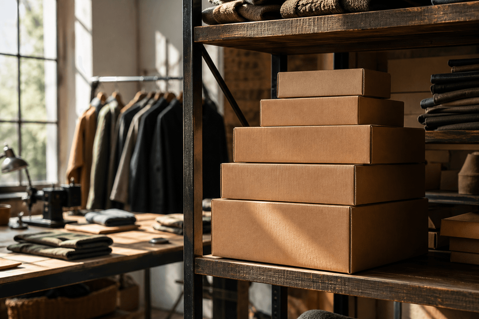 Stacked kraft wholesale shipping boxes on warehouse shelves